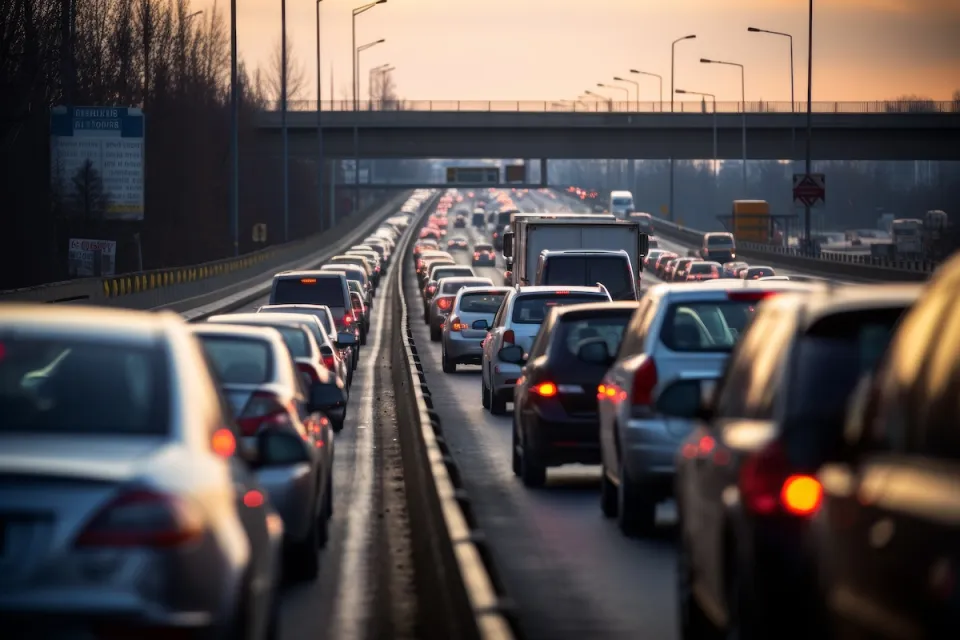 Heavy traffic at standstill on freeway at dusk.